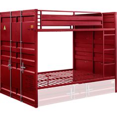 a red bunk bed with two sets of drawers and a ladder on the bottom level