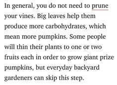 a poem written in black and white with the words, i'm general, you do not need to prune your vines big leaves help them produce more carbohydraates which mean more pumpkins