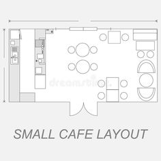 the small cafe layout is outlined in black and white, with an open floor plan