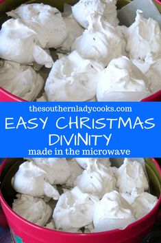 a pink bowl filled with whipped cream and the words easy christmas divinity made in the microwave