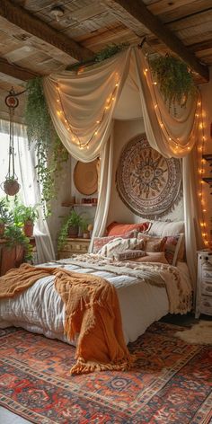 a bed with lights hanging from it's sides and curtains over the headboard