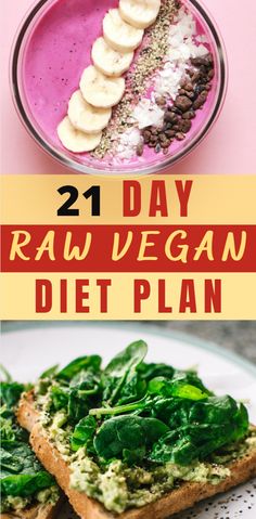 the 21 day raw vegan diet plan is on display in front of a pink background