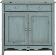 an old blue cabinet with two doors and three knobs on the bottom drawer, isolated against a white background