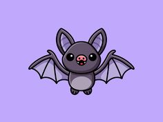 a cartoon bat with big eyes on a purple background, it looks like he is ready to fly