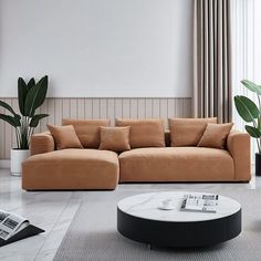 a living room with a couch, coffee table and potted plants on the floor