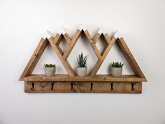 three potted plants sit on top of wooden shelves in front of a white wall