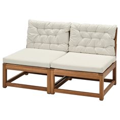 a wooden bench with two white cushions on it's back end and one arm facing the camera