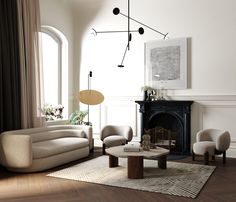 a living room filled with furniture and a fire place next to a large window on top of a hard wood floor