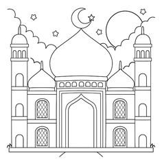 a mosque with the moon and stars in the sky above it, outlined on a white background