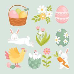 an easter scene with eggs, flowers and bunnies on a light blue background illustration