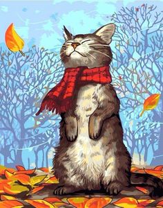 a painting of a cat wearing a red scarf and sitting on leaves in the fall