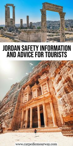 the jordan safety information and advice for tourists is shown in two different pictures with text overlays