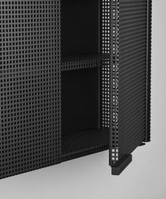 a black cabinet with two shelves on each side