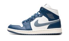 The Women’s Air Jordan 1 Mid "French Blue" is a women’s-exclusive colorway of lifestyle shoe with an appealing color block.  The upper features a Sail (off-white) leather base with French Blue leather overlay panels.  An Ozone Blue leather Swoosh appears on both sides.  A grey “Wings” logo can be found on the collar overlay while a white Jumpman is seen on the grey nylon tongue tag.  Underfoot, a Sail rubber midsole and French Blue outsole complete the clean look.  Release date: August 31, 2023 Nike Air 1, Jordan 1 Mid Women, Nike Air Jordan Mid, High Top Jordans, Jordan 1 Blue, Jordan Mid, Shoes For School, Blue Jordans, Rainbow Shoes