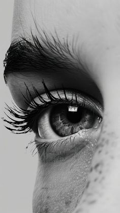 the eye of a woman with long lashes and freckles on her eyelashes is shown in black and white