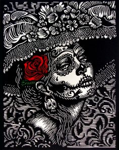 a black and white drawing with a red rose