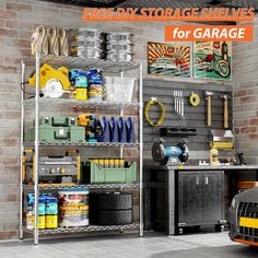 a garage storage rack with tools and other items on the shelves in front of it