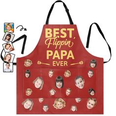 a red apron with the words best flippin papa ever on it and pictures of children's faces