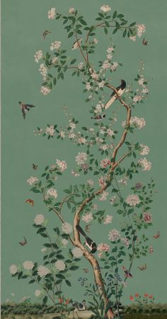 a tree with birds and flowers painted on it