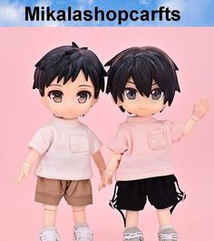 two dolls standing next to each other on a pink background with the caption mikkashoparts