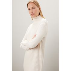 Off-white cotton (47% Tencel, 47% Organic cotton, 6% Spandex). A-line. Long sleeves. Turtleneck. Pull on. 46" from shoulder to hemline. Made in the Usa. Rib Sweater, Ribbed Sweater Dress, Ribbed Turtleneck Sweater, Turtleneck Sweater Dress, Ribbed Turtleneck, Rent The Runway, Closet Designs, Ribbed Sweater, Winter White