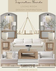 a living room with white furniture and beige walls