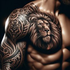 a man with a lion tattoo on his arm and chest is shown in this artistic photo