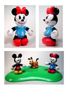 three different images of mickey mouse and pluto the dog figurines on a green surface