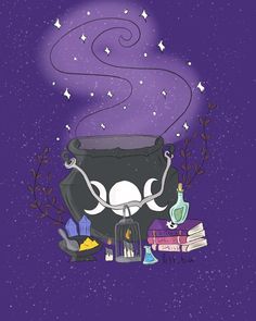 an illustration of a caulder full of witches and books on a purple background