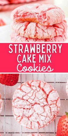 strawberry cake mix cookies on a cooling rack with strawberries in the background and text overlay