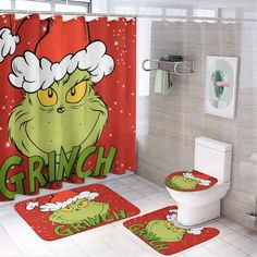 the grinch shower curtain and toilet cover are on display