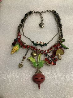 Betsey Johnson Farmhouse Beet Cherry Corn Necklace NWOT Rare | eBay Assemblage Jewelry Repurposed, Cluttercore Jewelry, Eclectic Accessories, Funky Beaded Necklace, Weird Necklaces, Trinket Necklace, Funky Necklaces, Funky Jewelry Necklaces, 2000s Necklace