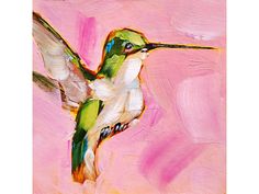 a painting of a hummingbird on a pink background