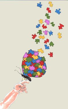 a hand holding a colorful puzzle piece in the shape of a butterfly flying out of it's mouth