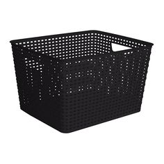 a black plastic basket with holes on the sides and handles is shown in front of a white background