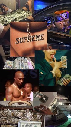 the collage shows many different pictures including money and men's names on their chests