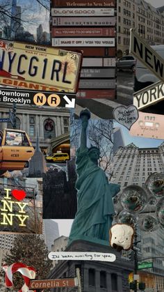 the statue of liberty is surrounded by many different signs and buildings in new york city