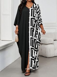 Plus Size V-Neck Long Sleeve Solid Color Patchwork Loose Casual Dress Robe Black and White Casual,Modest  Half Sleeve Woven Fabric Colorblock,Geometric Kaftan Non-Stretch  Women Plus Clothing, size features are:Bust: ,Length: ,Sleeve Length: Robe Schwarz, Kaftans Dresses Modern, Baba Black Sheep, Long Dress Plus Size, Long Sleeve Denim Jacket, Black And White Baby, Black Sheep, Modern Dress, Vestido Casual