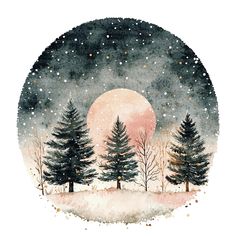 a watercolor painting of trees and the moon