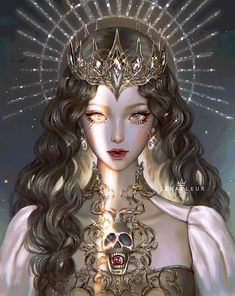 a digital painting of a woman with long hair wearing a crown and holding a skull