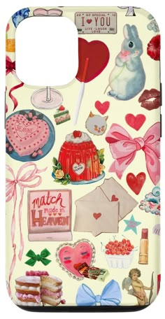 a phone case with many different items on the front and back cover, including cake, candy