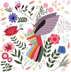 a colorful bird flying through the air surrounded by flowers