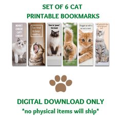 a set of 6 cat printable bookmarks with pictures of cats and kittens