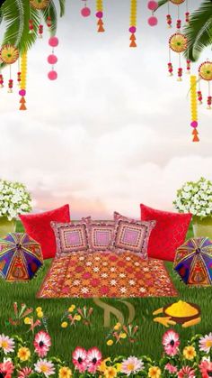 a bed sitting on top of a lush green field covered in lots of colorful flowers