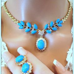 Simple And Elegant Jewelry Set Features Flower Pendant Embellished With Small Turquoise Persian Gemstone Meticulously Hand Crafted From A Mixture Of High Quality Metal 14k Yellow Gold Filled Blue Gemstone Accents Necklace, Turquoise Gemstone Jewelry For Party, Light Blue Jewelry For Wedding, Luxury Jeweled Blue Jewelry, Blue Luxury Jeweled Jewelry, Elegant Turquoise Jewelry With Stones, Exquisite Turquoise Jewelry For Formal Occasions, Blue Gemstone Accented Jewelry For Wedding, Turquoise Gemstone Party Jewelry