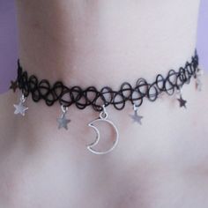 This Moon And Star Tattoo Choker Necklace Is A Wonderful Addition To Your Wardrobe And Your Style! This Fun And Unique Piece Is Sure To Get A Lot Of Compliments! Silver Star-shaped Choker For Party, Silver Festival Choker With Moon Charm, Black Moon Charm Jewelry For Party, Black Jewelry With Moon Charm For Party, Black Star Charm Choker Necklace, Black Star Charm Choker Jewelry, Grunge Chokers, Necklace Tattoo, Brown Leather Necklace