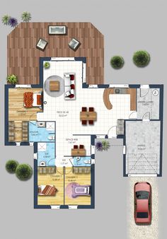 an overhead view of a floor plan for a house with two cars parked in the driveway