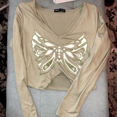 Long Sleeve, Open V-Cut Bottom Butterfly Shirt From Shein. Nwot. Worn Once To Try, Too Big For Me. Denim Halter Top, Butterfly Crop Top, Red Tube Top, Tops Shein, Basic Crop Top, Brown Crop Top, Butterfly Shirt, Satin Crop Top, Butterfly Shirts