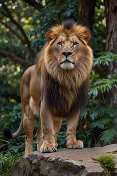 a large lion standing on top of a rock