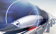 an artist's rendering of a futuristic train traveling over a bridge with mountains in the background